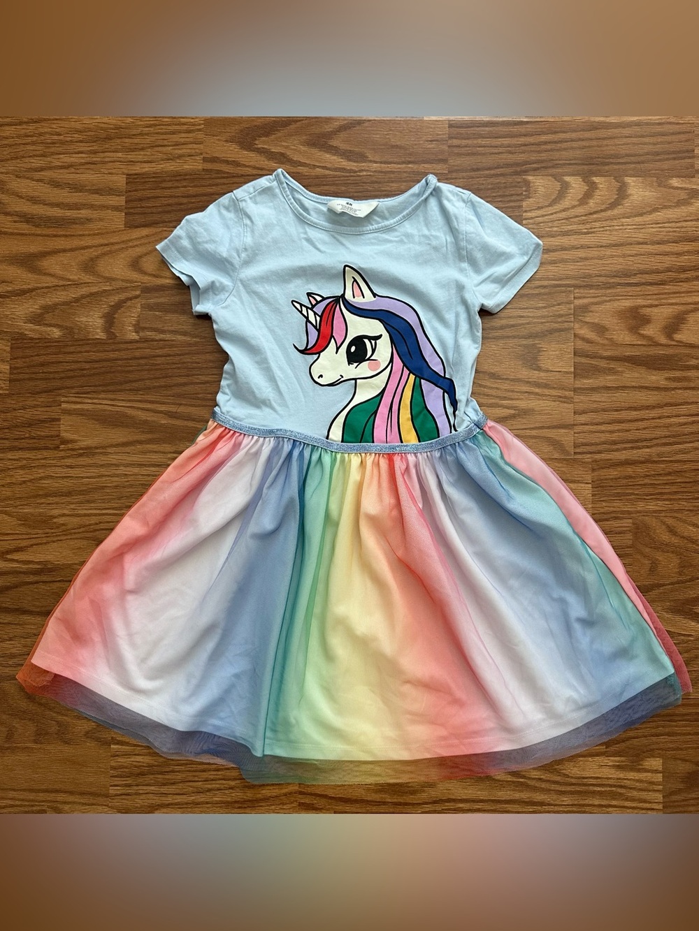 H&M Girls 8-10 Short Sleeve Spring Summer Dress Blue Unicorn Rainbow Tulle EUC!